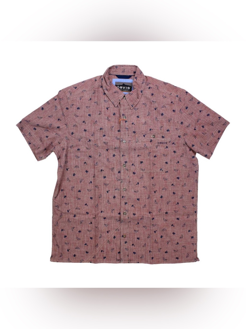 Orvis Active Fit “Tech” red chambray fish graphic print button-up shirt (XXL)